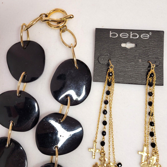 Ellen Tracy Chunky Necklace Bebe Earrings Goldtone Black Bracelets 5 Pc Lot Y2K - Picture 2 of 6